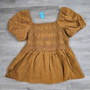 Maurice's NWT Large L Summer shirt peasant top smocked eyelet NEW brown